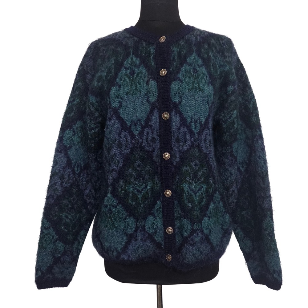 Vintage Equorian Heritage Mohair Blend Cardigan Teal Blue Damask Sweater L 18/20